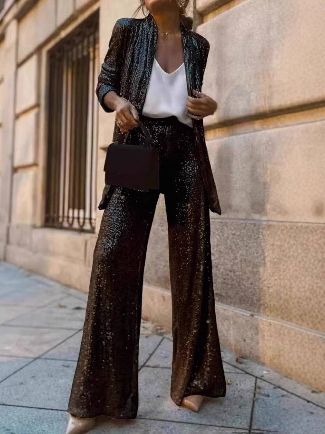 Cocolii ensembles femme 2 pièces gilet brillante paillette et pantalon flare évasé décontracté tenue de soirée