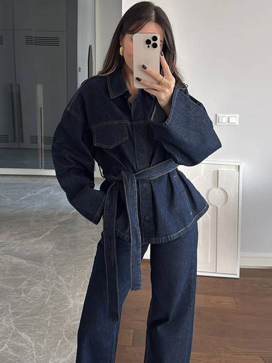 Cocolii ensembles avec pantalon femme en jean veste poches ceinture col revers manches longues décontracté tenue