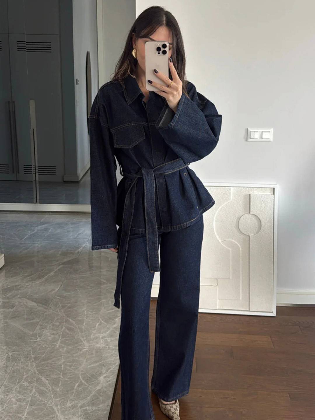 Cocolii ensembles avec pantalon femme en jean veste poches ceinture col revers manches longues décontracté tenue