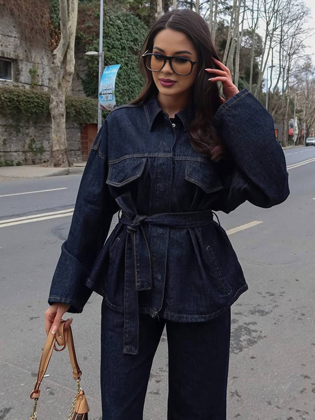 Cocolii ensembles avec pantalon femme en jean veste poches ceinture col revers manches longues décontracté tenue