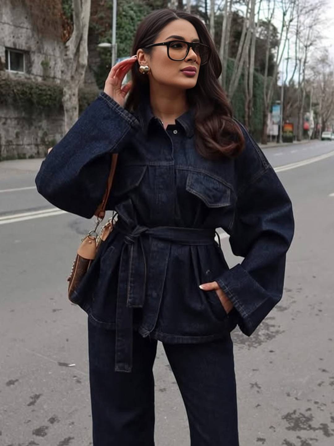 Cocolii ensembles avec pantalon femme en jean veste poches ceinture col revers manches longues décontracté tenue