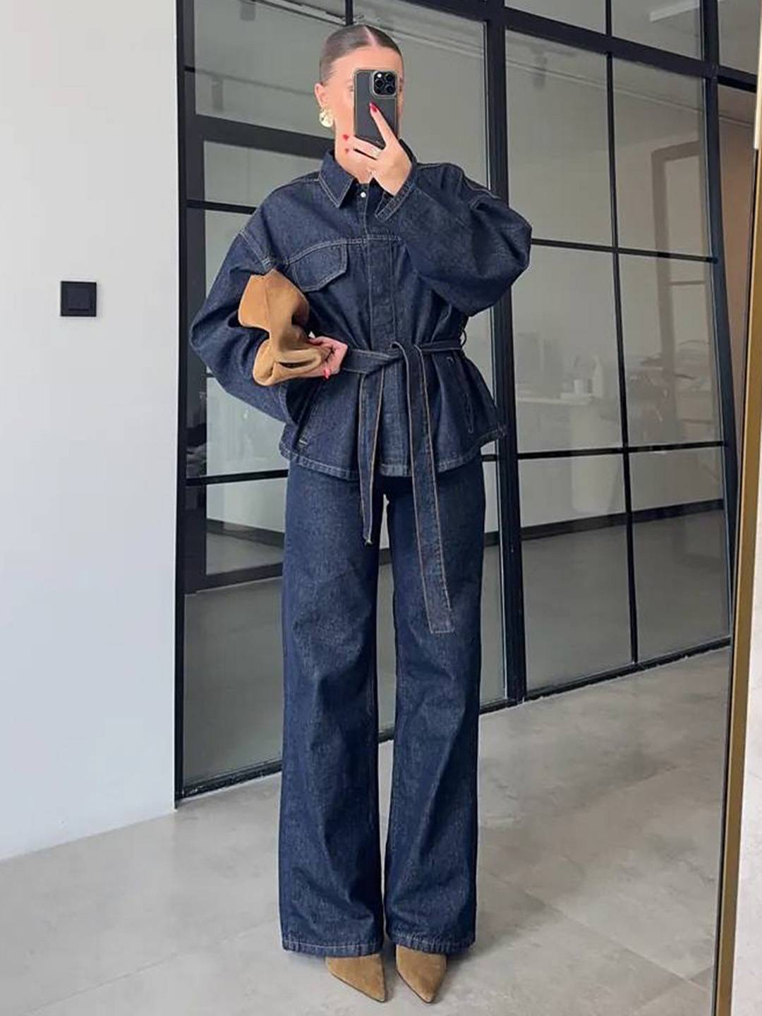 Cocolii ensembles avec pantalon femme en jean veste poches ceinture col revers manches longues décontracté tenue