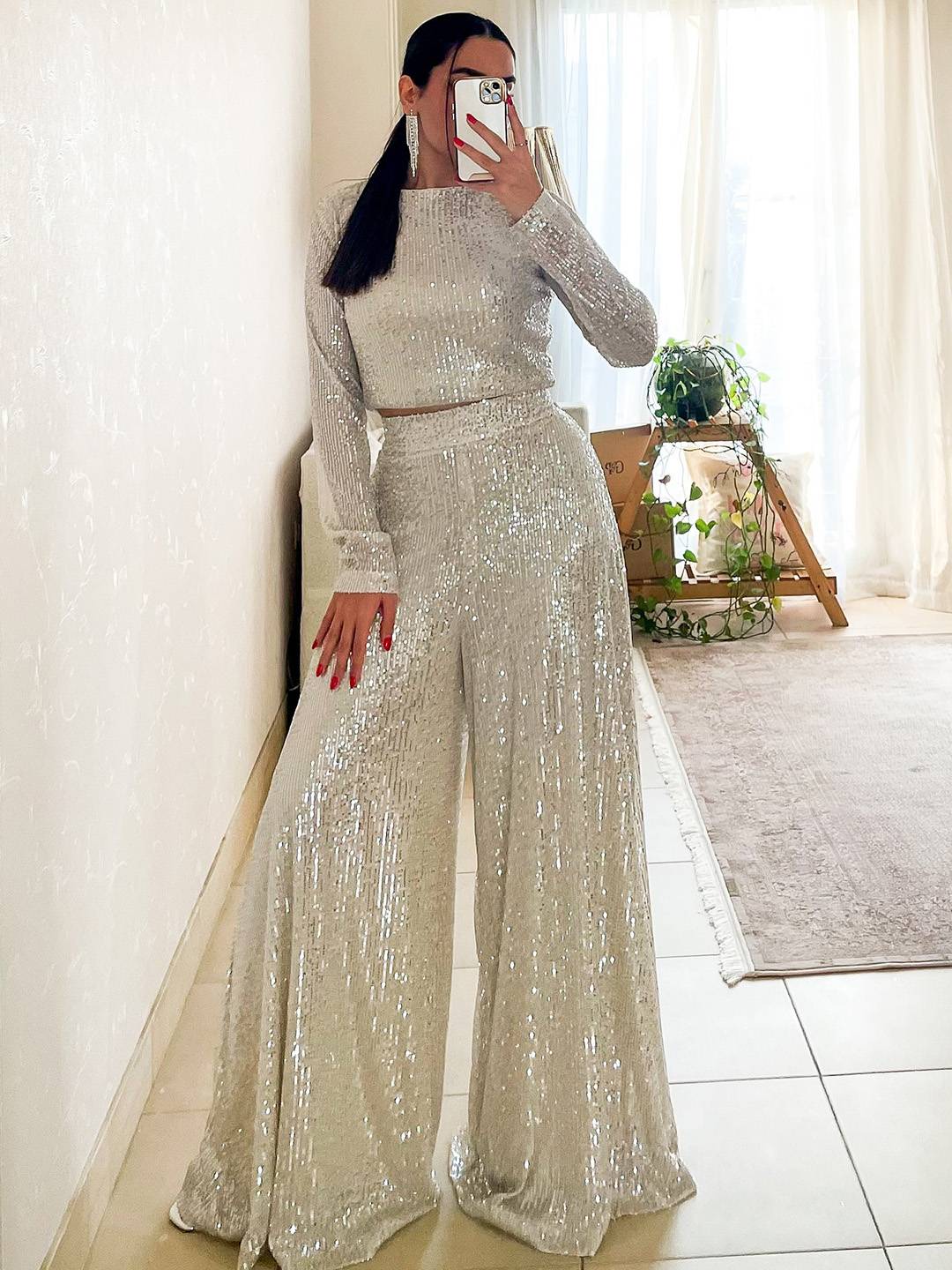 Cocolii ensembles brillante paillette femme top col rond manches longues et pantalon larges jambes évasé tenue de soirée