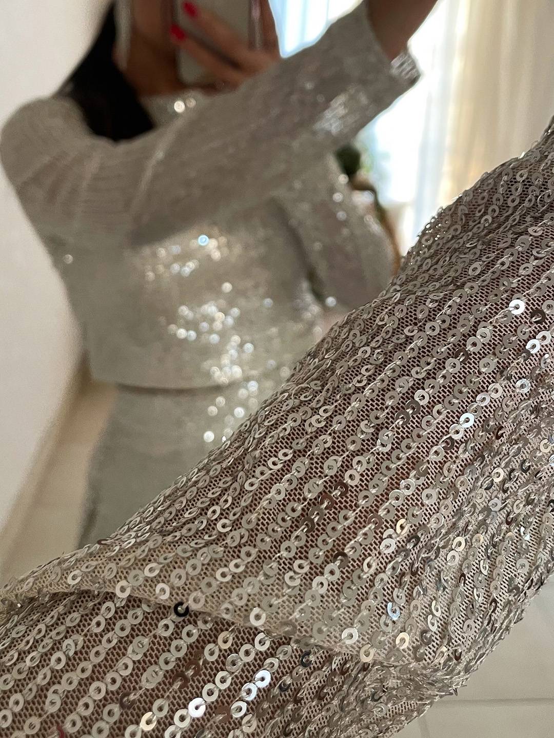 Cocolii ensembles brillante paillette femme top col rond manches longues et pantalon larges jambes évasé tenue de soirée