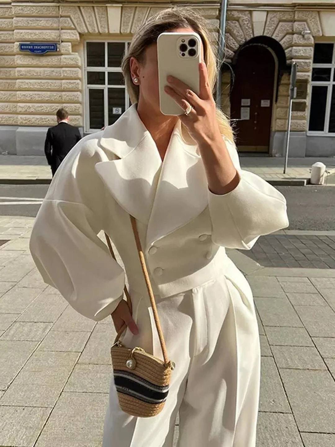 Cocolii ensembles tailleur femme blazer court double boutonnage manches ballons et pantalon large tenue élégante cérémonie