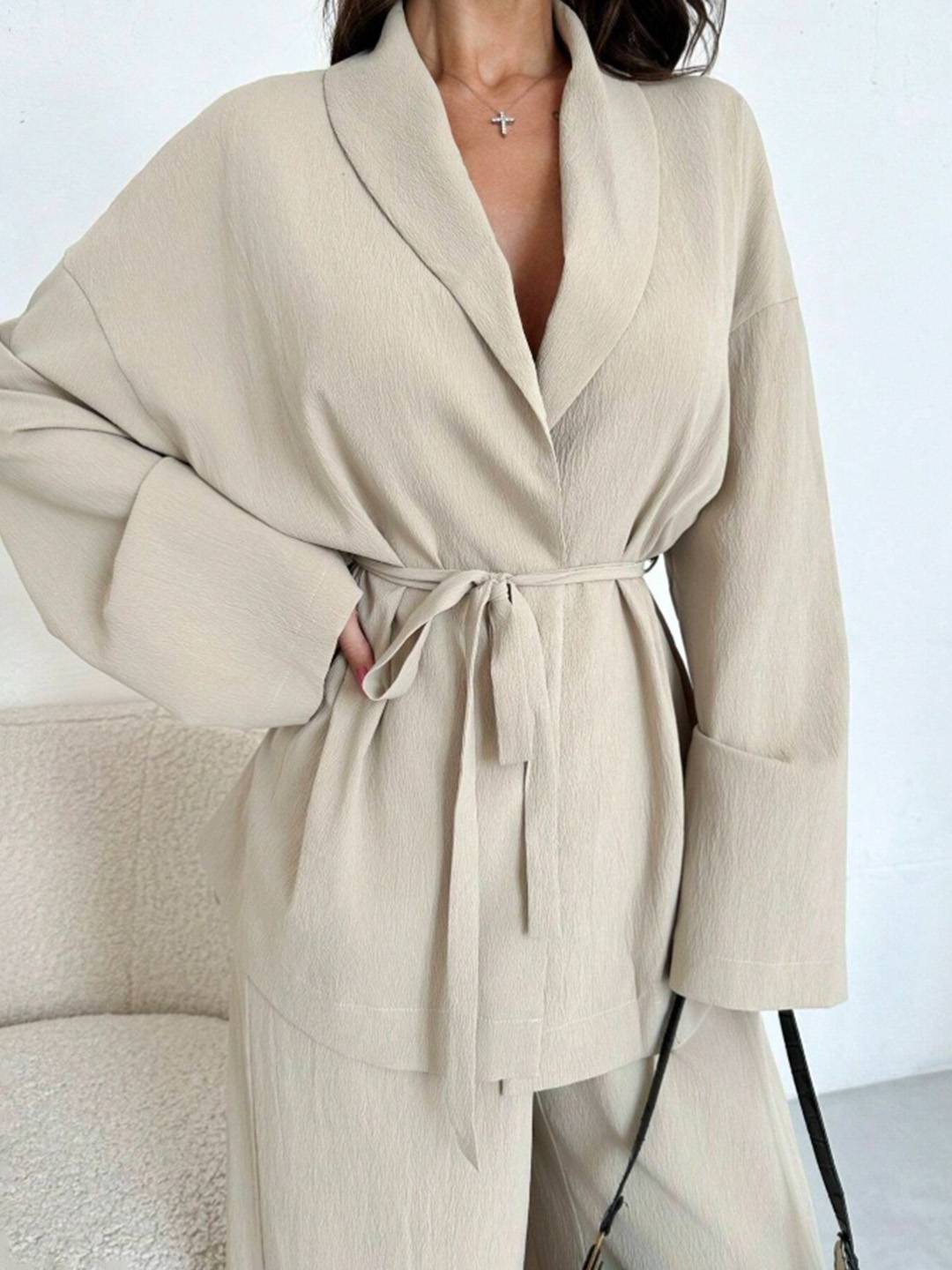 Cocolii ensemble tailleur femme blazer boutonnage v-cou manches longues pantalon larges jambes évasé tenue décontracté