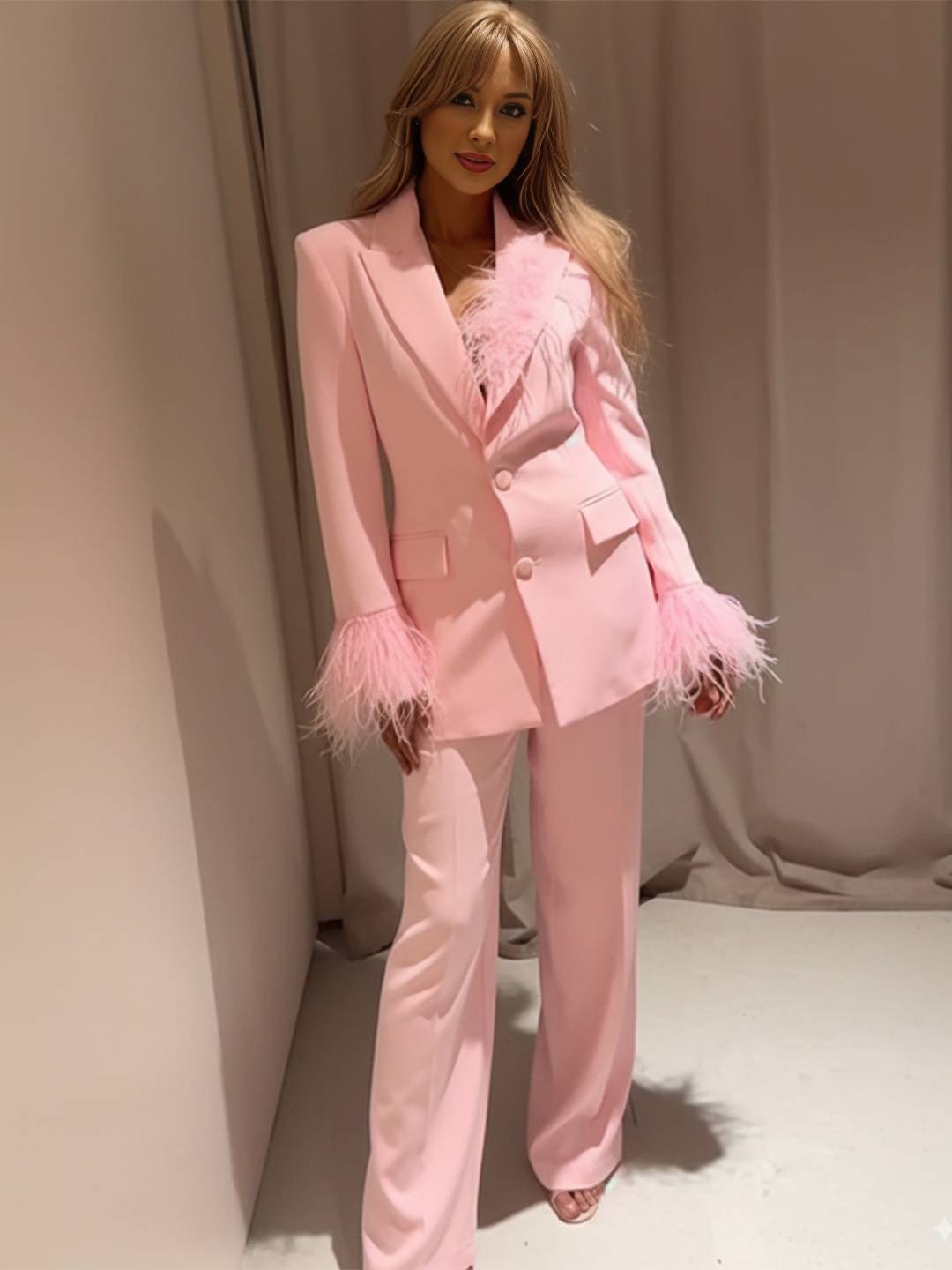 Cocolii ensembles femme blazer poches plume col revers manches longues et pantalon larges jambes évasé de soirée