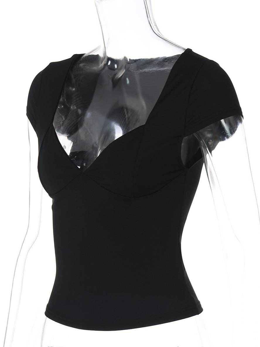 Cocolii t-shirt cropped moulante unicolore v-cou manches courtes femme simple décontracté mode casual hauts