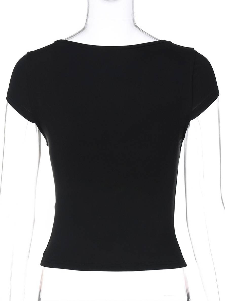 Cocolii t-shirt cropped moulante unicolore v-cou manches courtes femme simple décontracté mode casual hauts