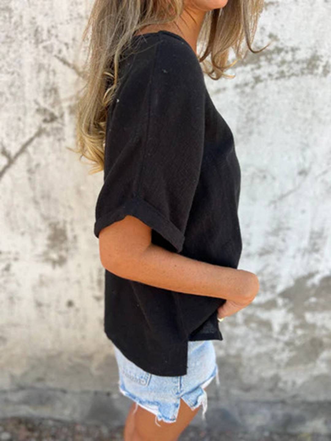 Cocolii t-shirt unicolore coton lin col rond manches courtes femme simple décontracté mode casual hauts