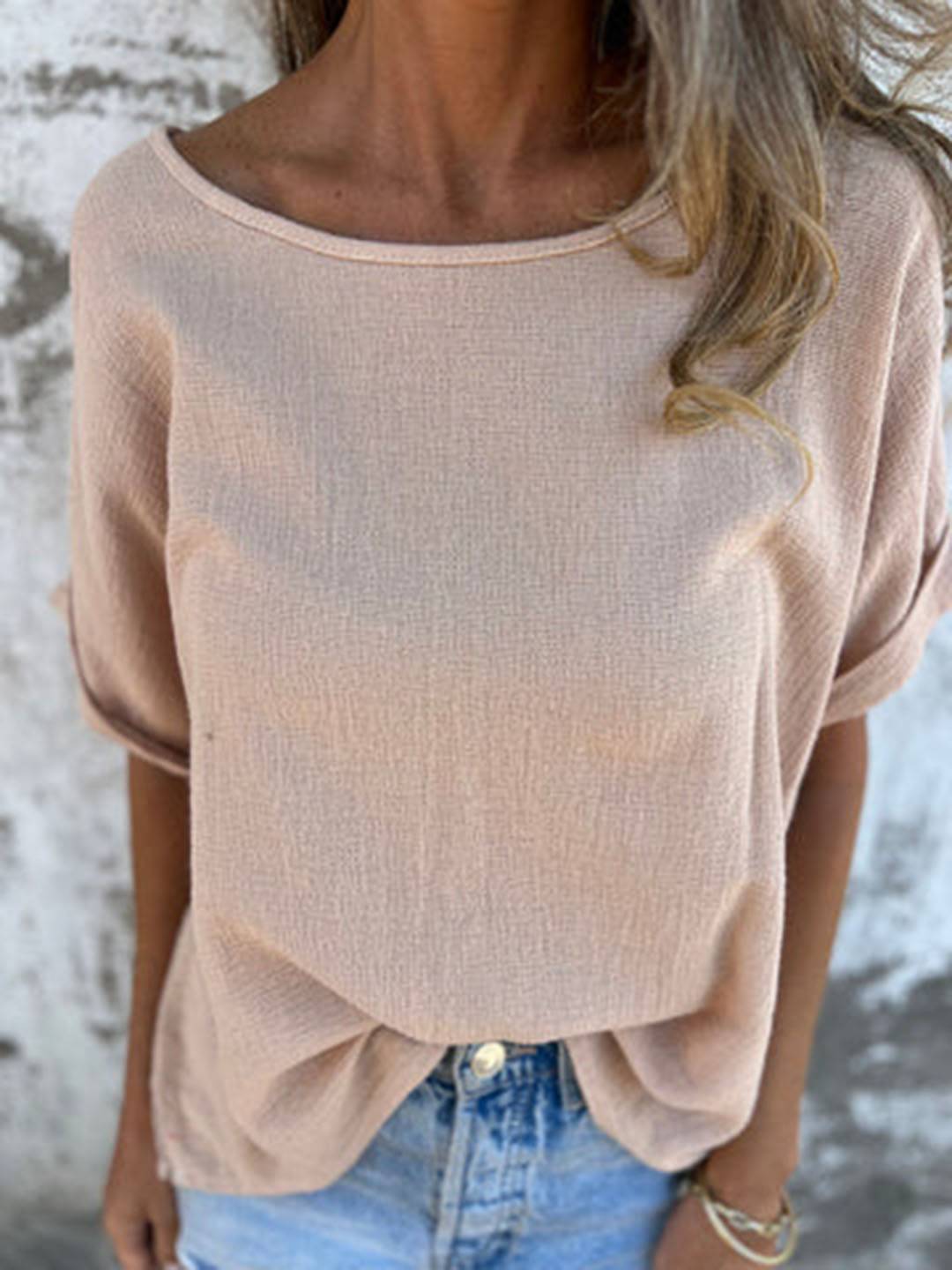 Cocolii t-shirt unicolore coton lin col rond manches courtes femme simple décontracté mode casual hauts