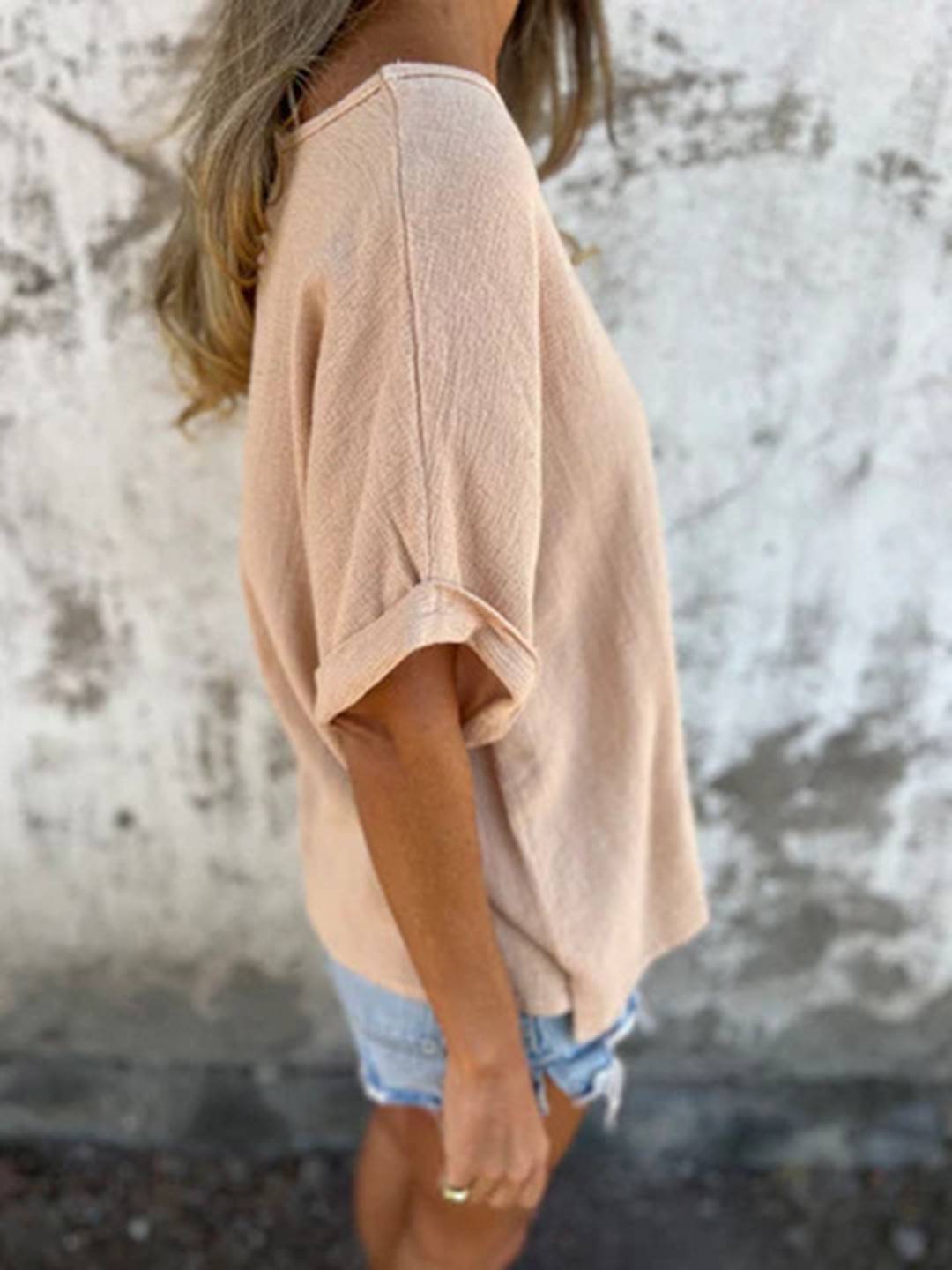 Cocolii t-shirt unicolore coton lin col rond manches courtes femme simple décontracté mode casual hauts