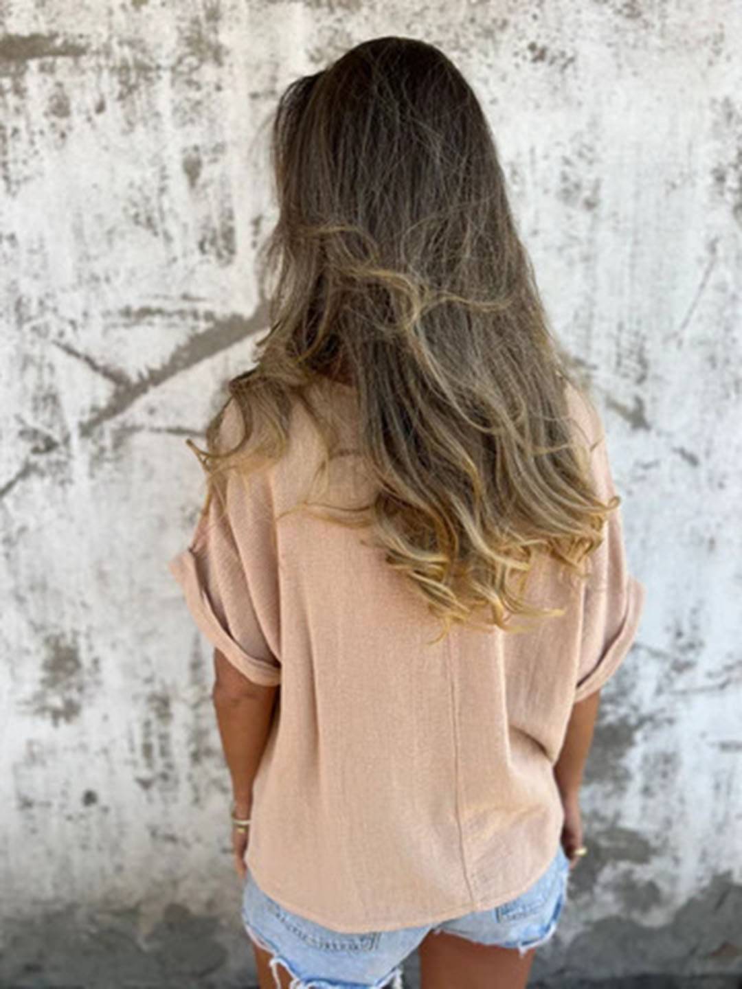 Cocolii t-shirt unicolore coton lin col rond manches courtes femme simple décontracté mode casual hauts