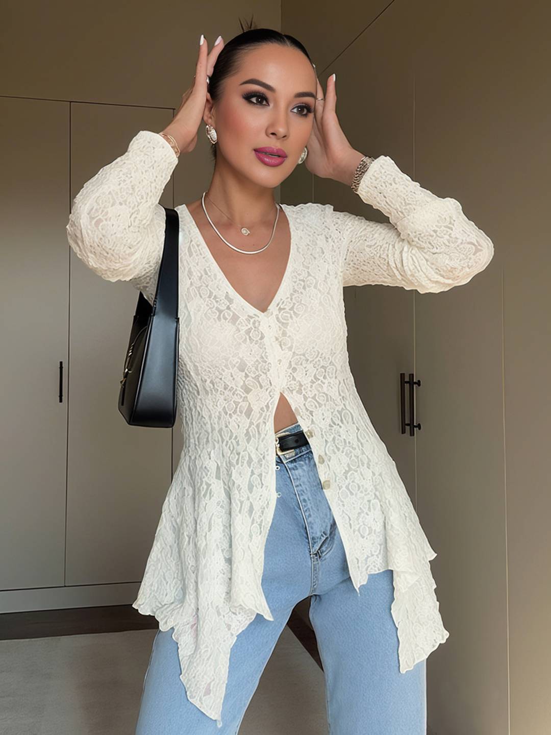 Cocolii chemisier femme dentelle v-cou irrégulière boutonnage manches longues doux élégant boho décontracté hauts cardigan