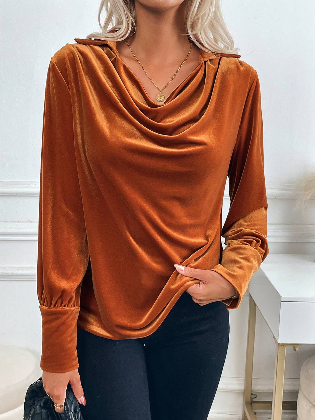 Cocolii hauts femme velours col bénitier manches longues élégant vintage décontracté automne hiver pullover travail