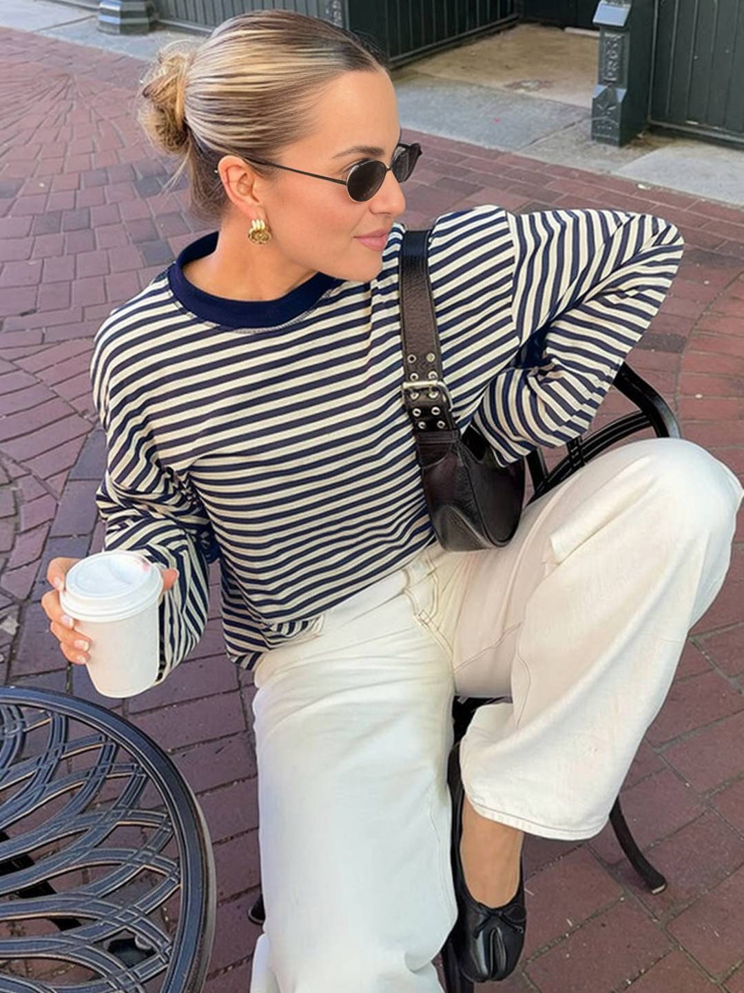 Cocolii rouge et blanche femme rayé t-shirt col rond manches longues décontracté ample casual haut marinière femme