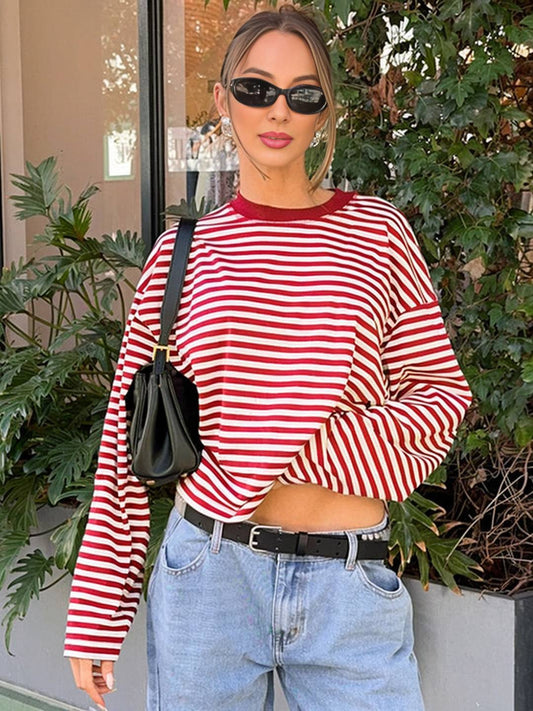Cocolii rouge et blanche femme rayé t-shirt col rond manches longues décontracté ample casual haut marinière femme