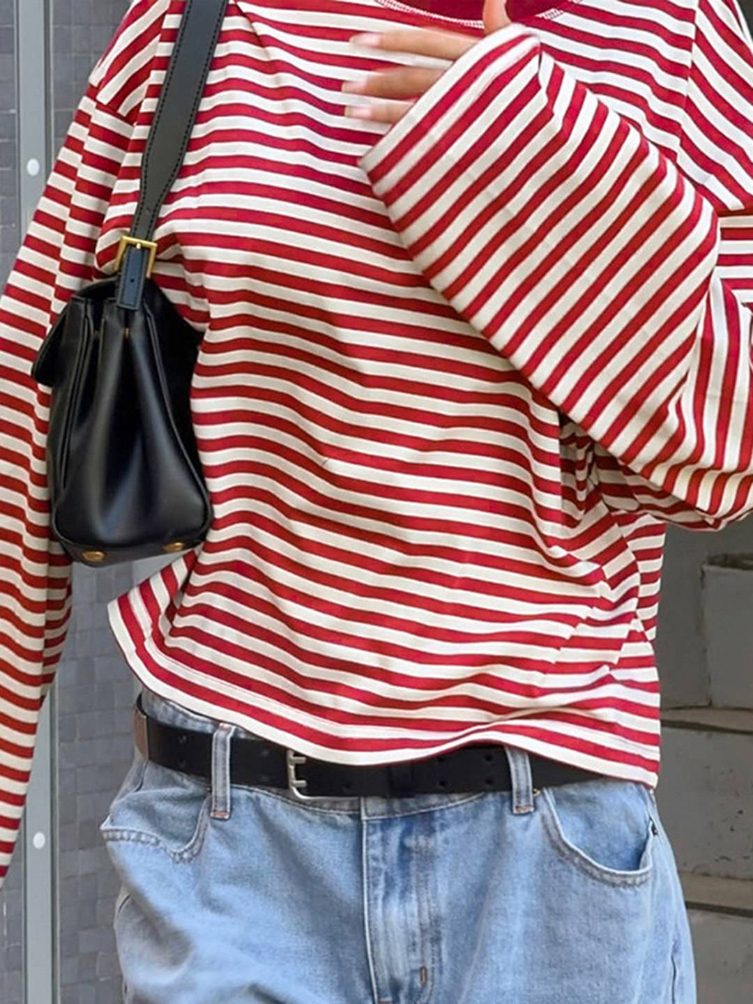 Cocolii rouge et blanche femme rayé t-shirt col rond manches longues décontracté ample casual haut marinière femme