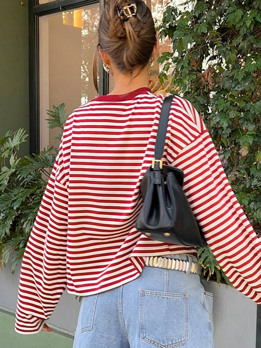 Cocolii rouge et blanche femme rayé t-shirt col rond manches longues décontracté ample casual haut marinière femme