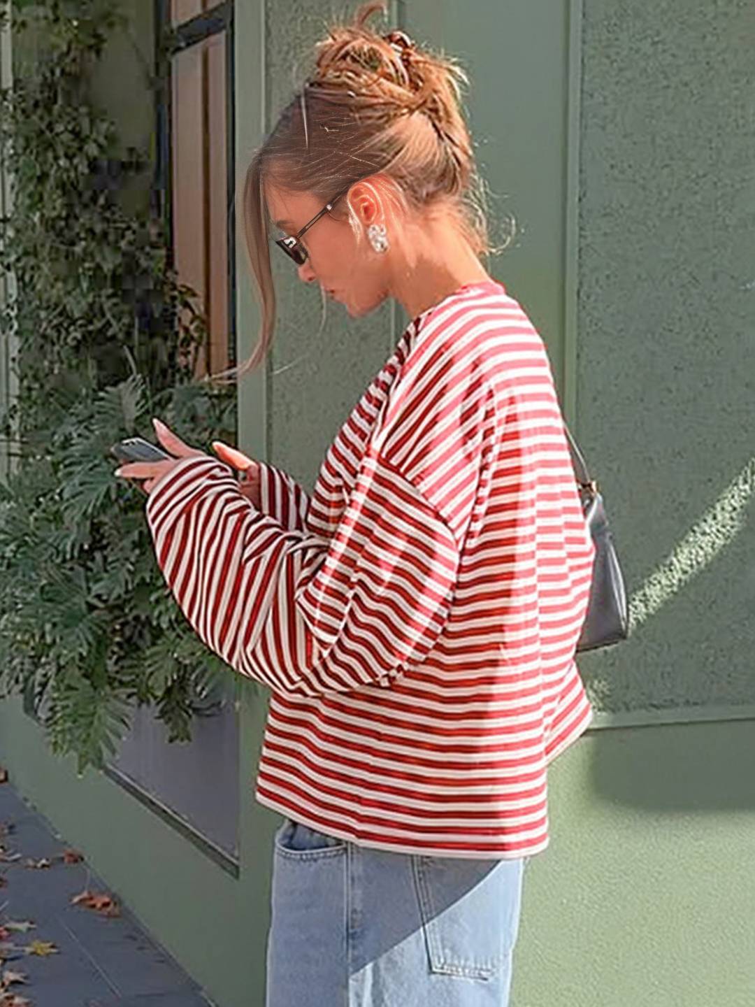 Cocolii rouge et blanche femme rayé t-shirt col rond manches longues décontracté ample casual haut marinière femme