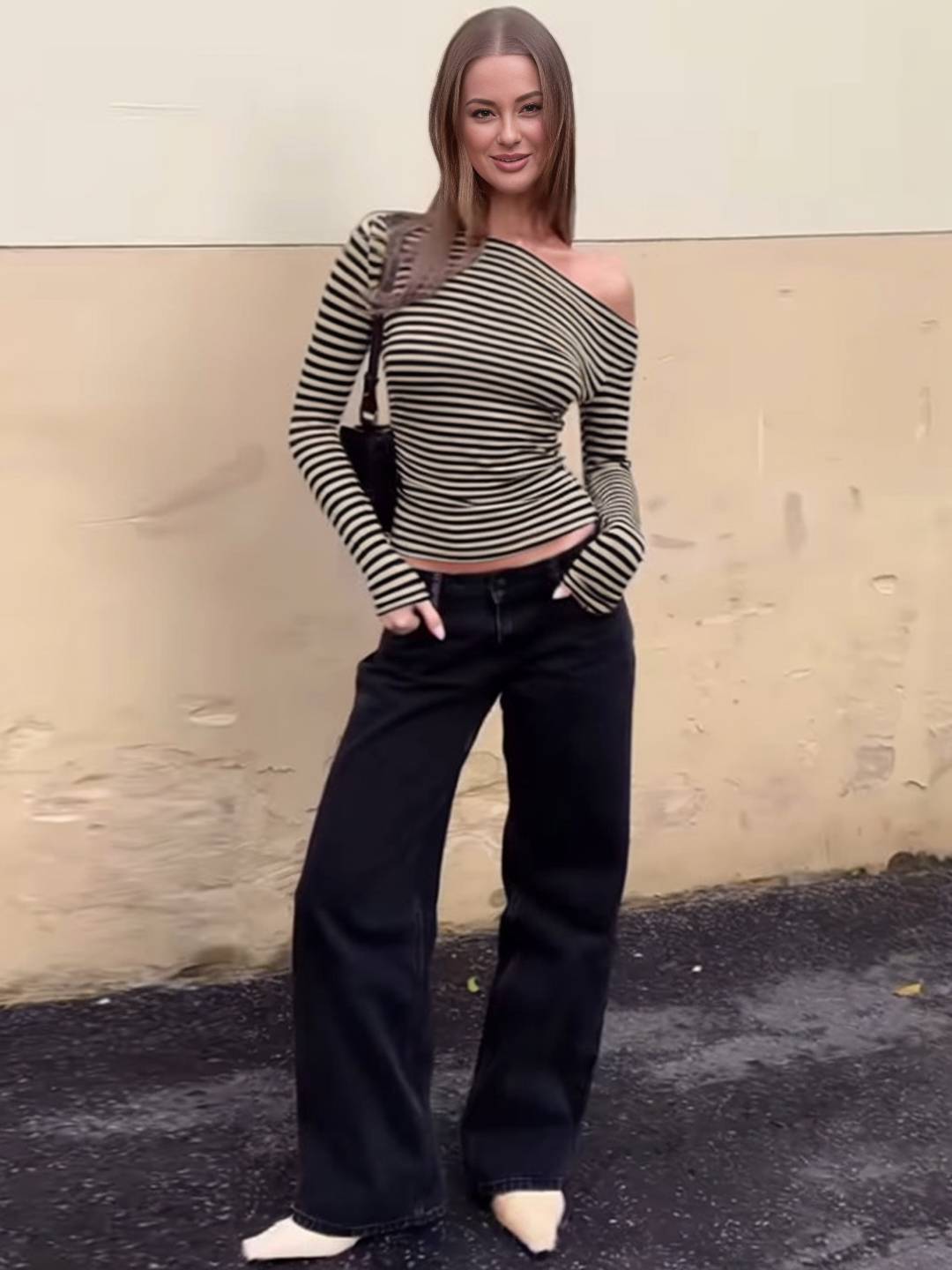 Cocolii hauts t-shirt rayé une épaule manches longues femme élégant décontracté mode casual haut court slim fit chic