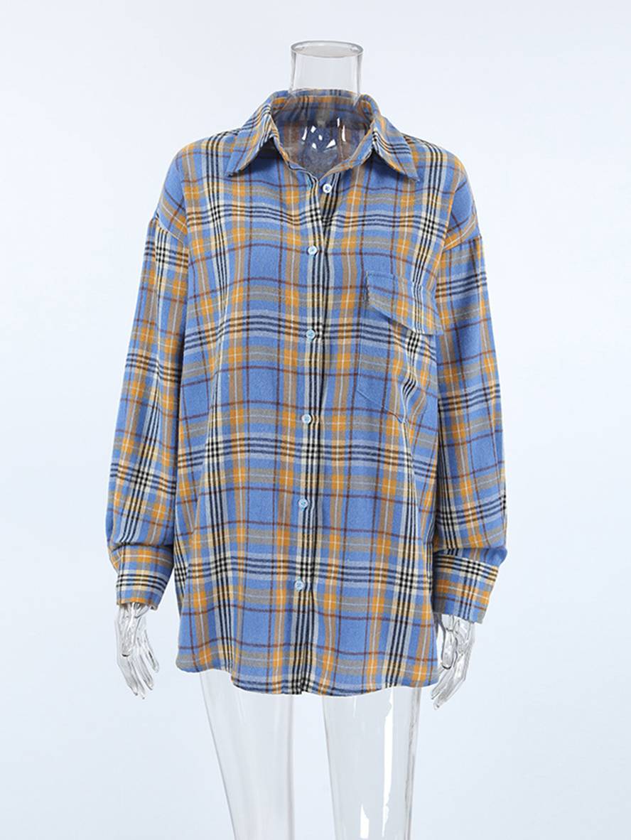 Cocolii surchemise femme carreaux boutonnage poches col chemise manches longues femme vintage décontracté oversized blouse