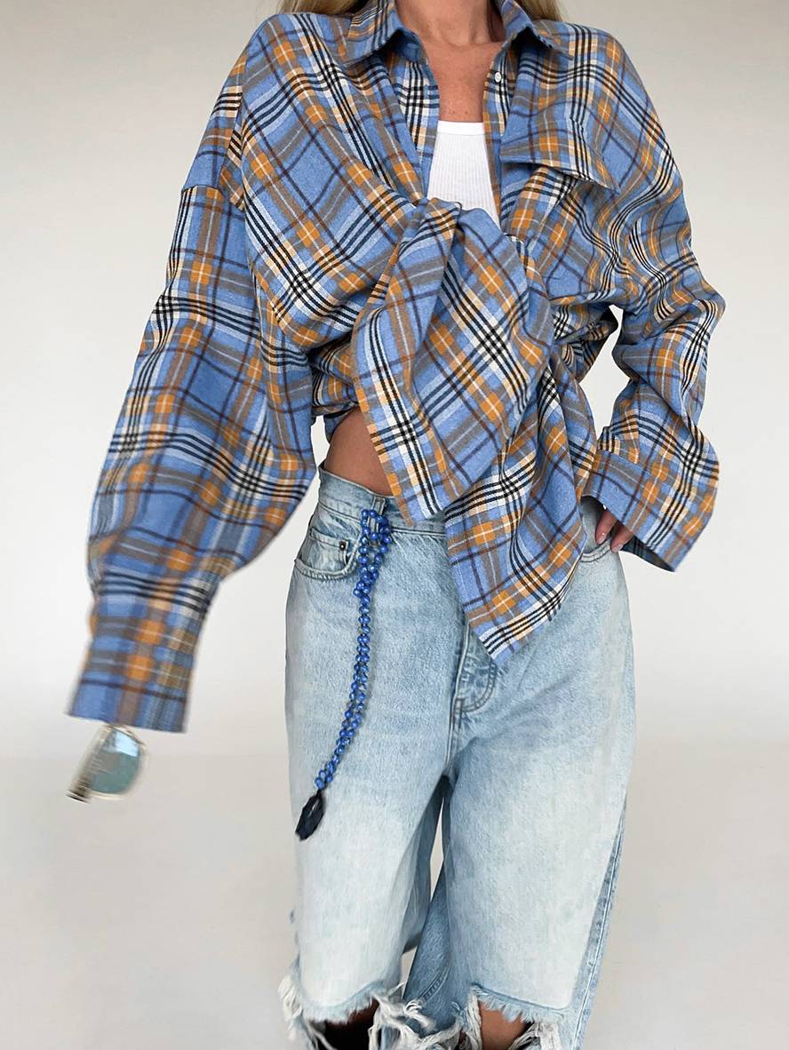 Cocolii surchemise femme carreaux boutonnage poches col chemise manches longues femme vintage décontracté oversized blouse