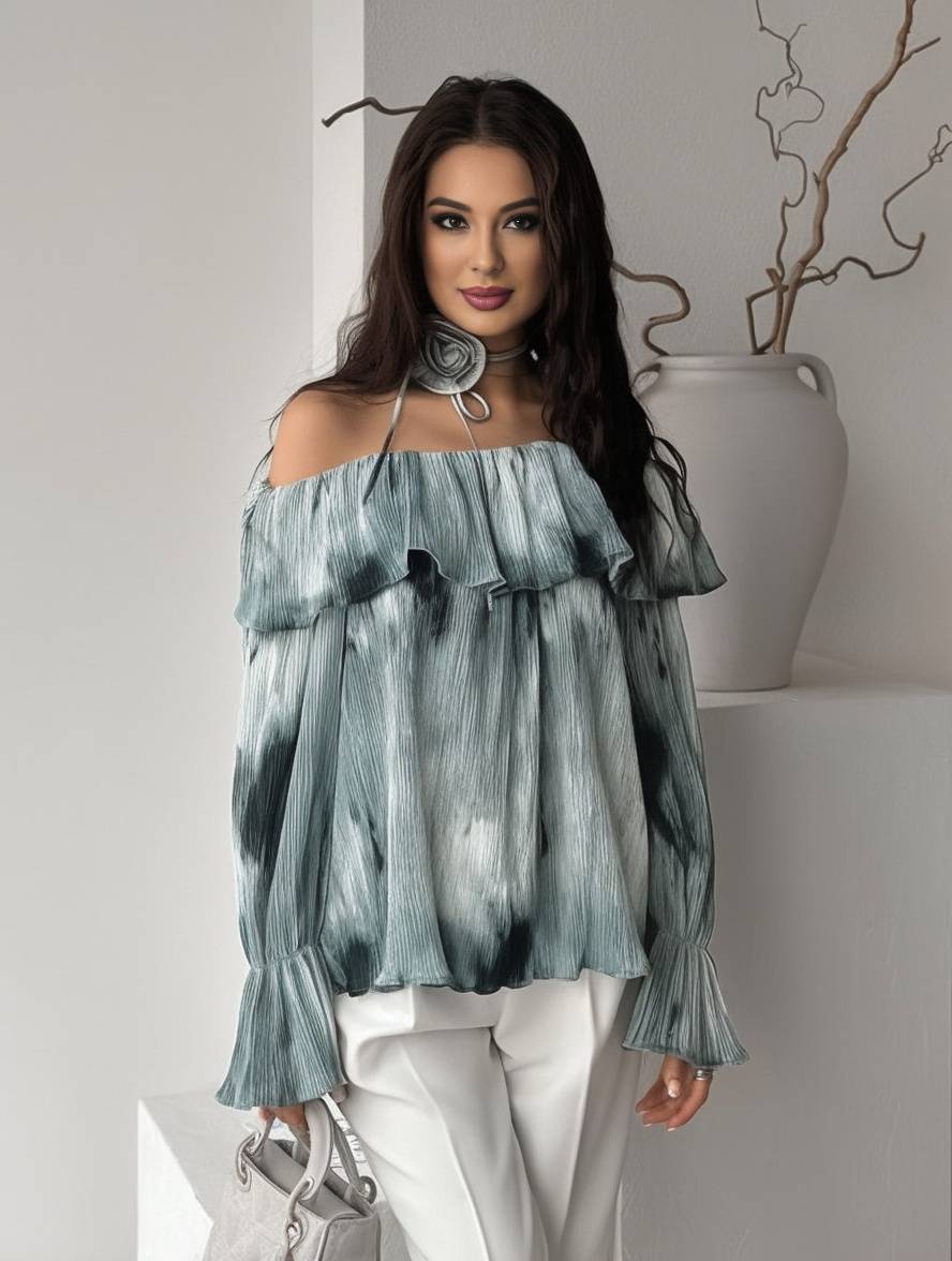 Cocolii blouse tie and dye à volantée col bateau manches évasées manches longues femme élégant vintage décontracté hauts