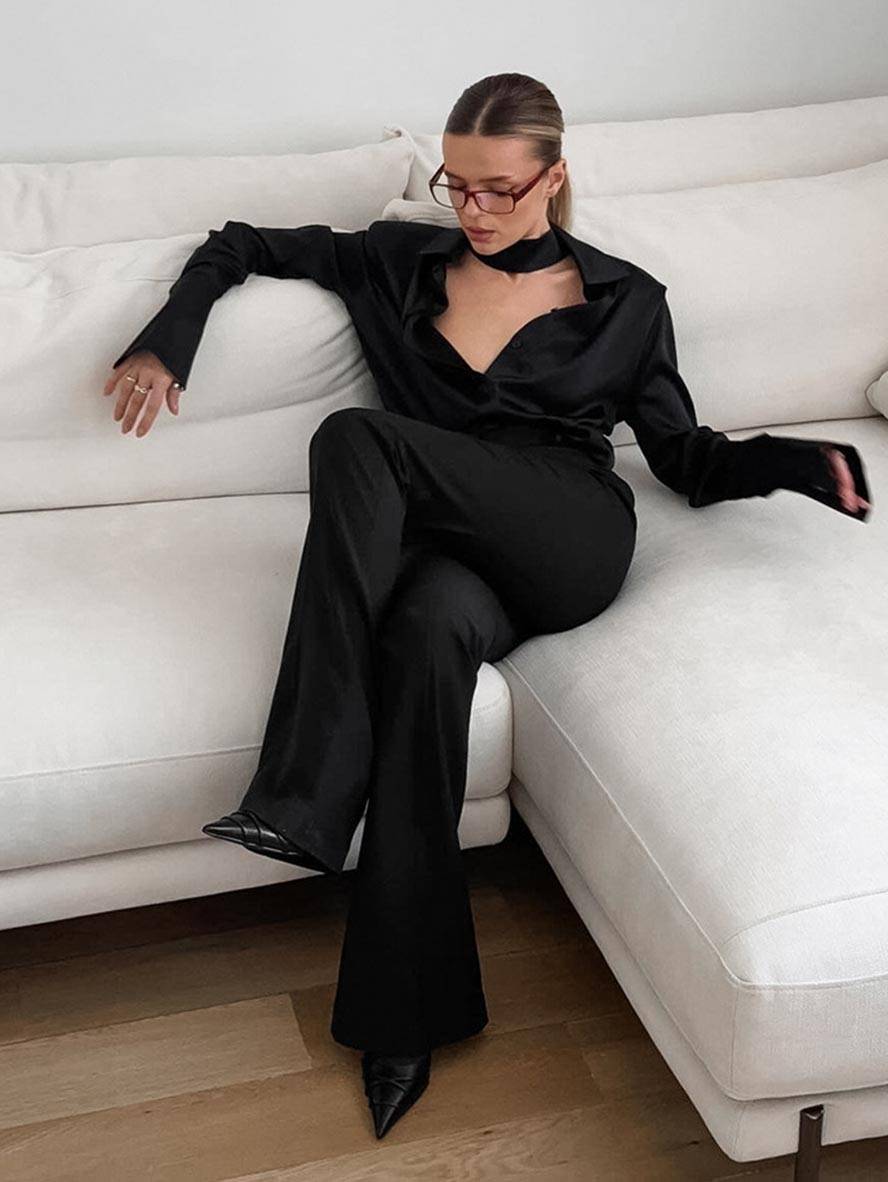 Cocolii chemise en satin boutonnage col chemise manches longues femme élégant décontracté blouse