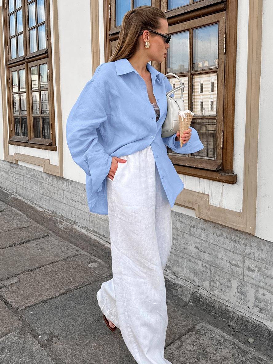 Cocolii chemise unicolore coton boutonnage col chemise manches longues femme élégant décontracté ample blouse