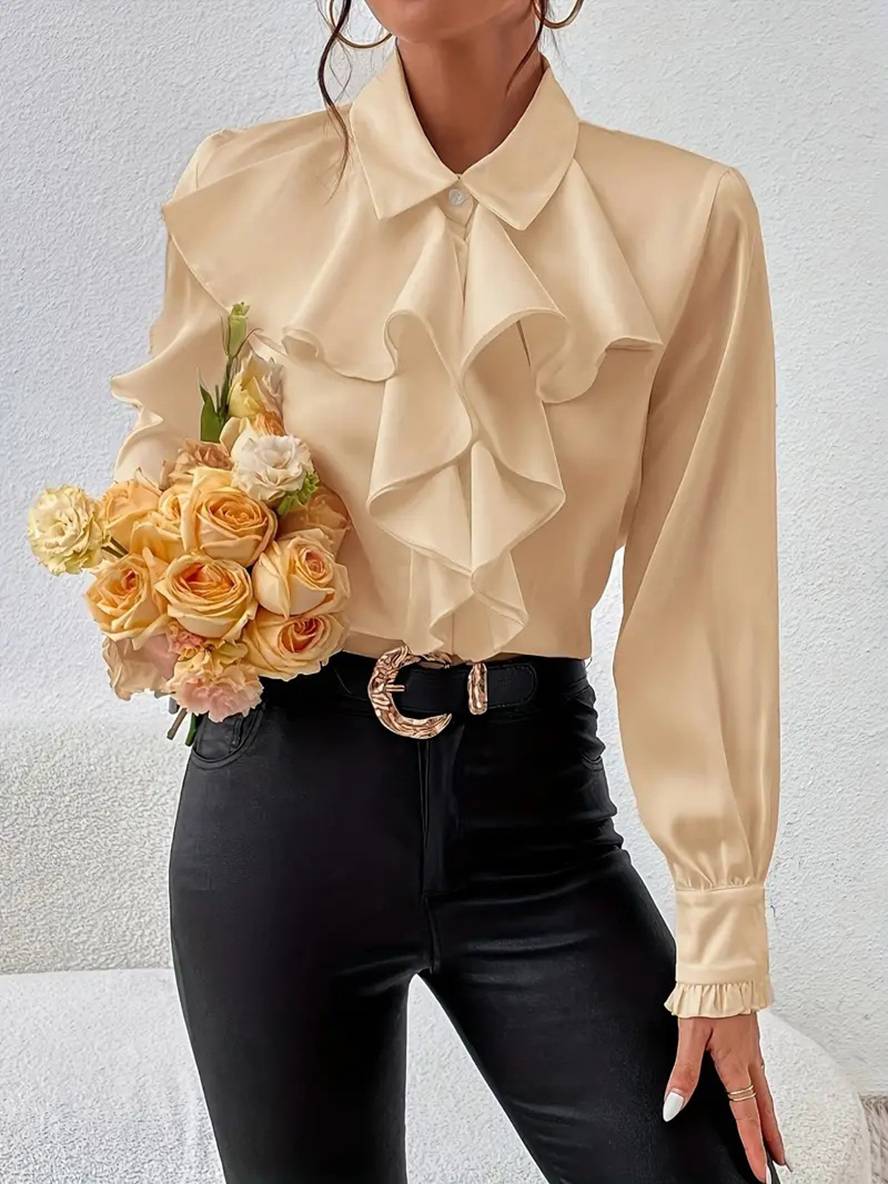 Cocolii chemisier unicolore boutonnage col jabot manches bishop femme élégant décontracté casual blouse