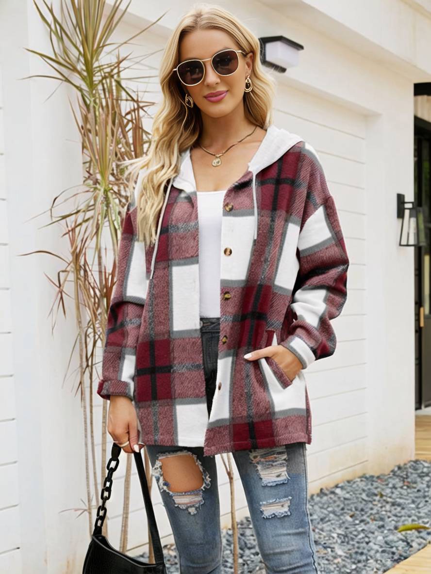 Cocolii surchemise femme carreaux à capuche boutonnage poches manches longues vintage décontracté veste