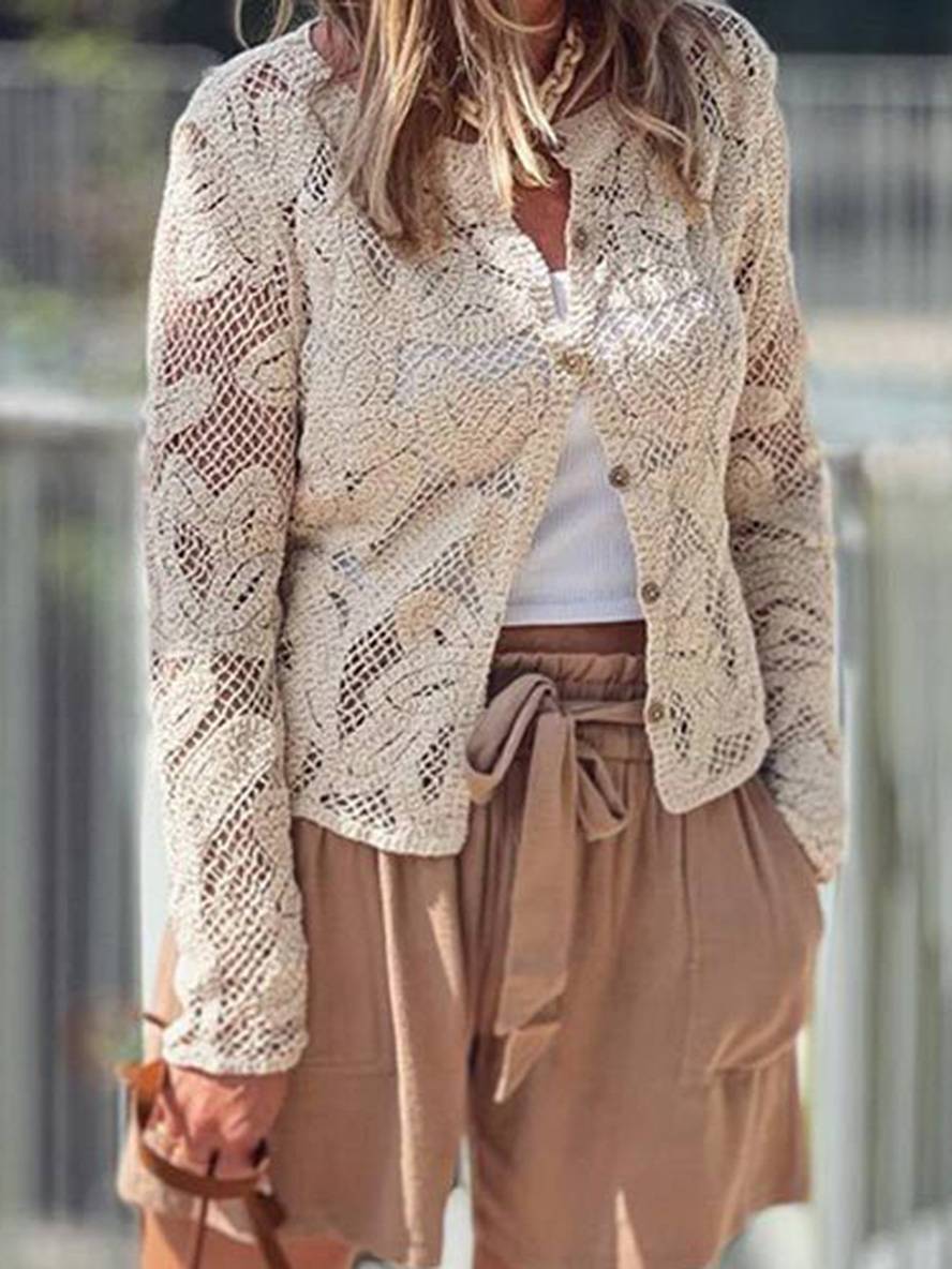 Cocolii chemisier en dentelle unicolore boutonnage col rond manches longues femme élégant vintage décontracté blouse