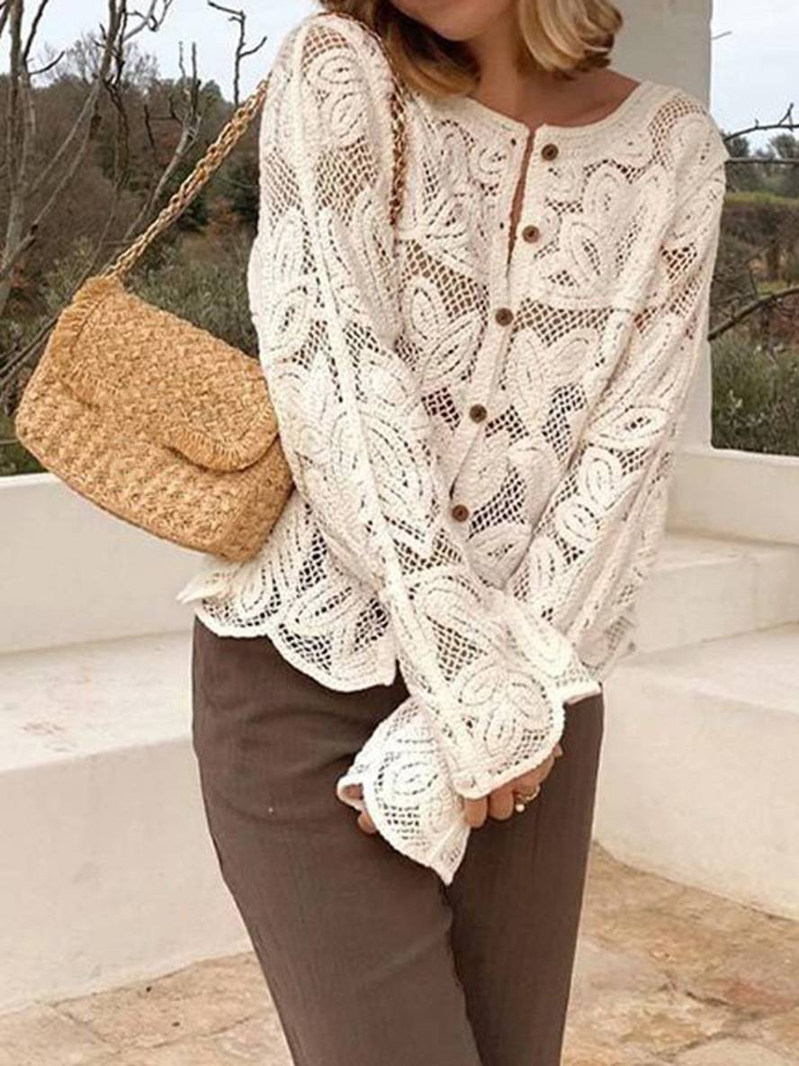 Cocolii chemisier en dentelle unicolore boutonnage col rond manches longues femme élégant vintage décontracté blouse