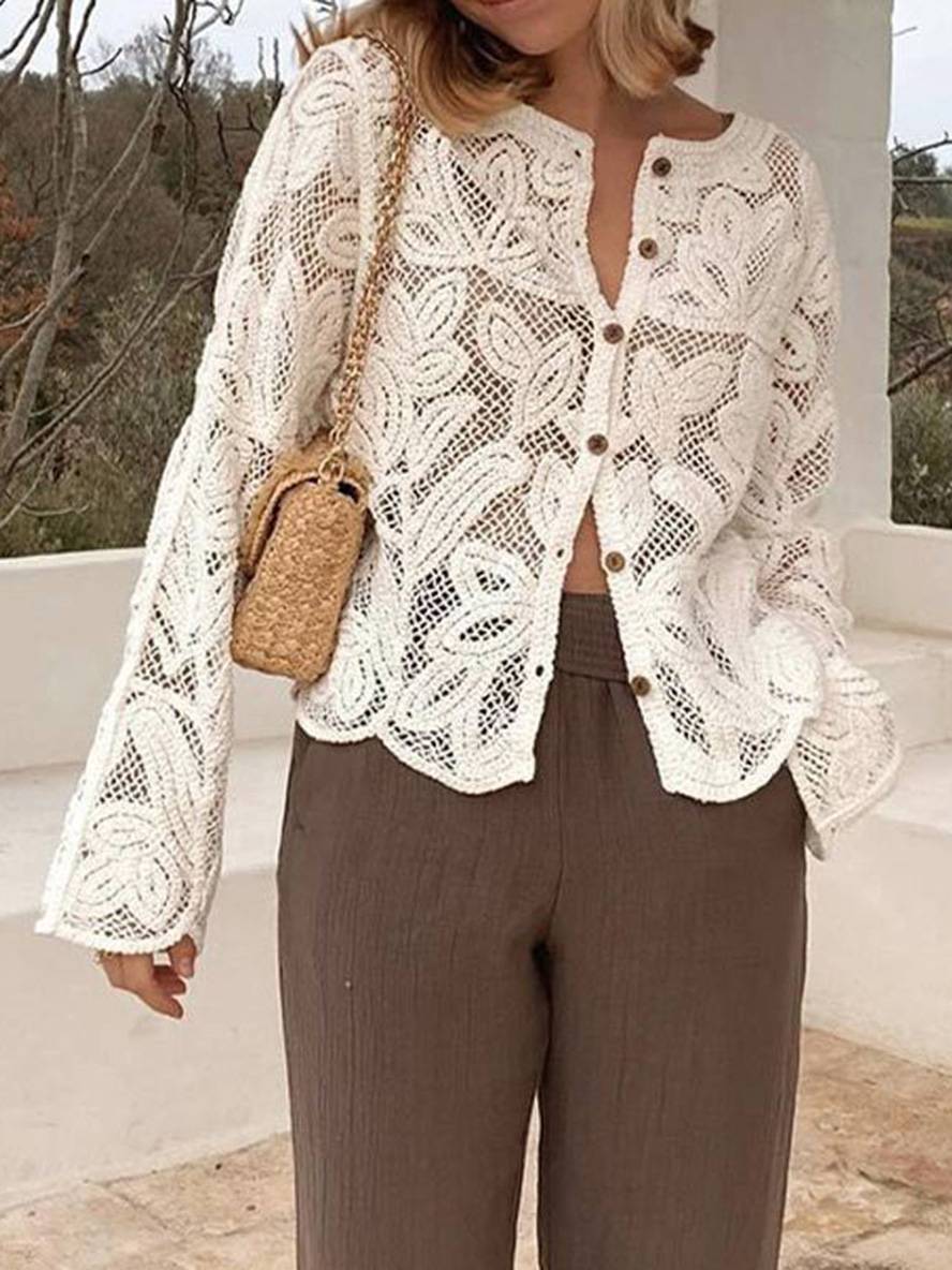 Cocolii chemisier en dentelle unicolore boutonnage col rond manches longues femme élégant vintage décontracté blouse