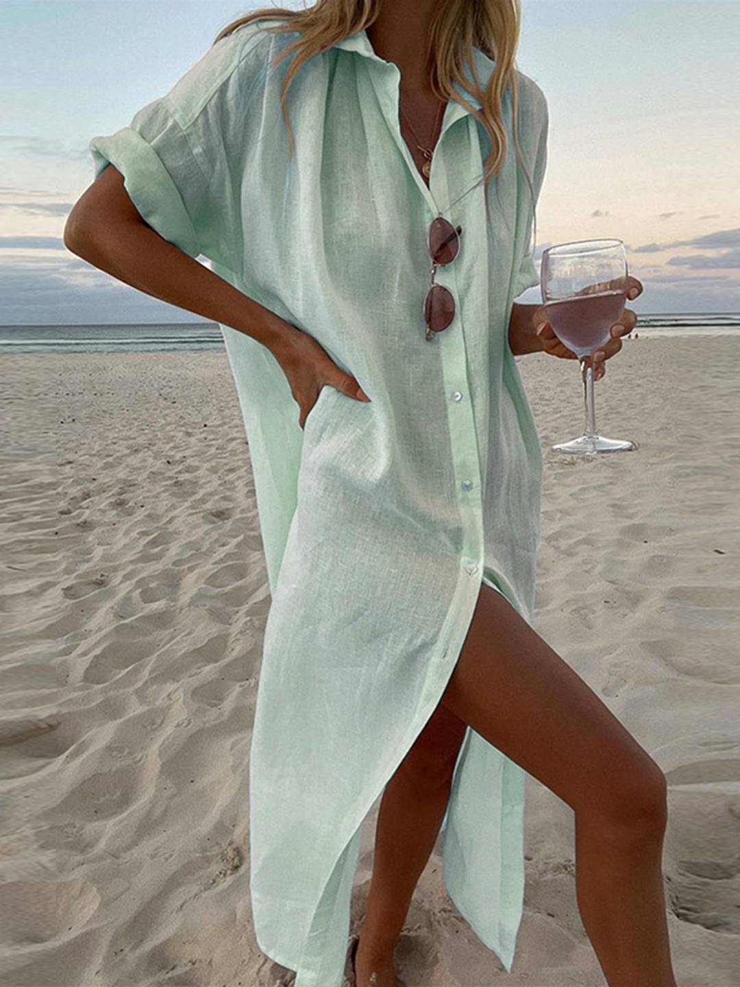 Cocolii chemise robe longue coton lin fendu boutonnage col chemise manches longues femme oversized décontracté blouse de plage