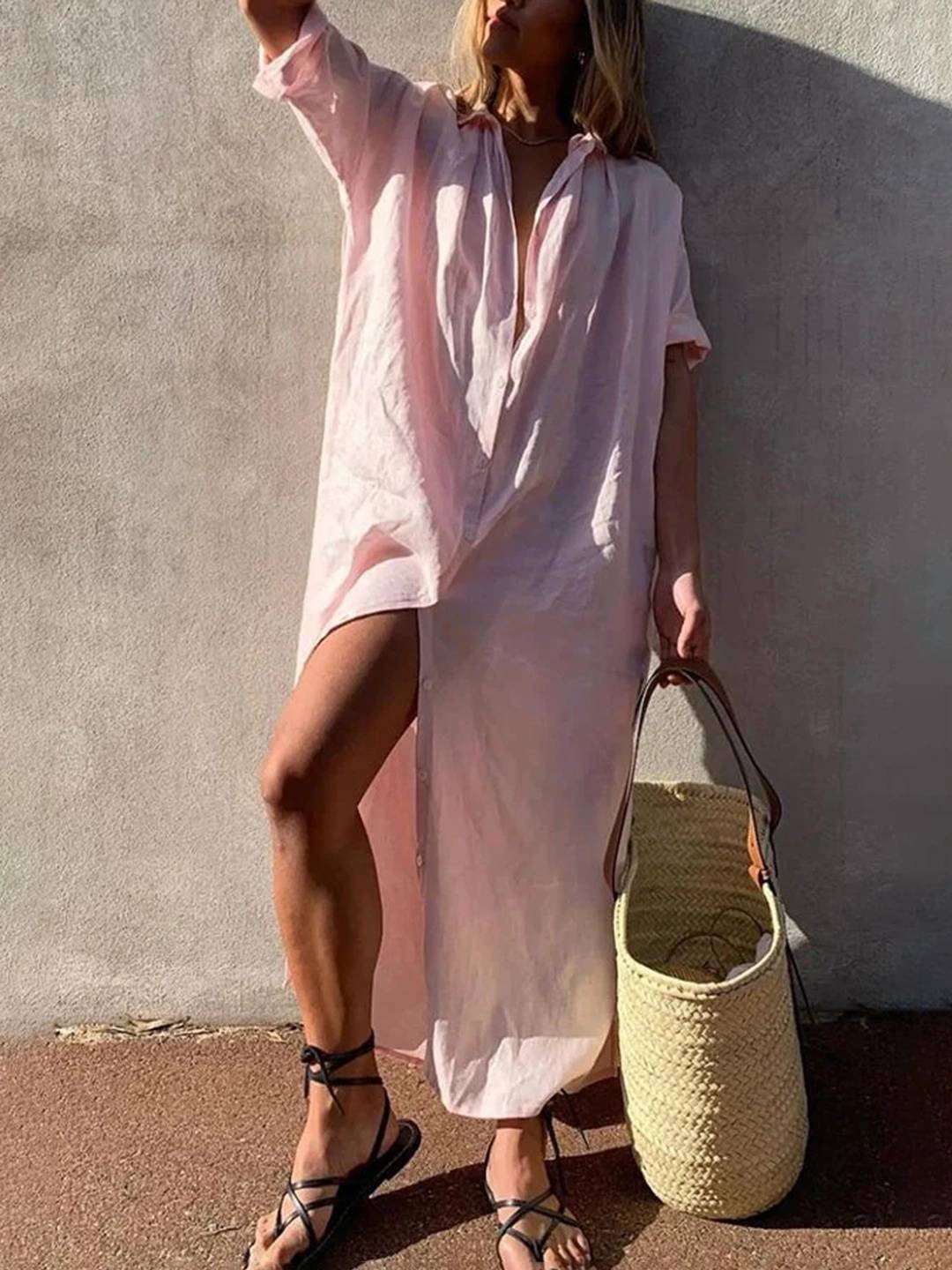 Cocolii chemise robe longue coton lin fendu boutonnage col chemise manches longues femme oversized décontracté blouse de plage