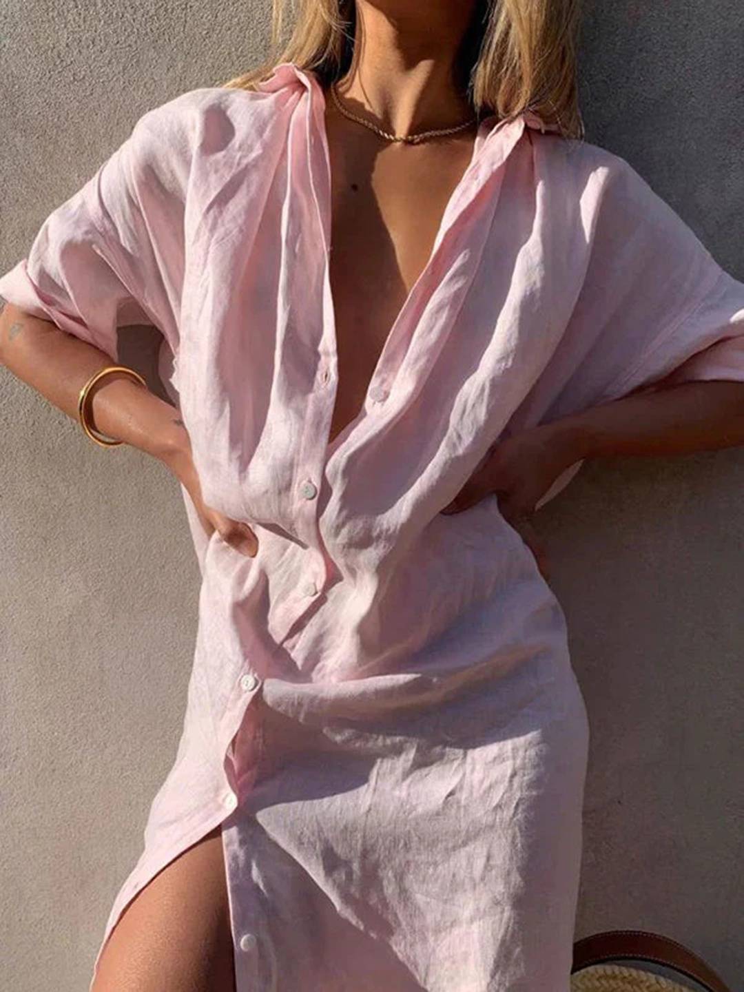 Cocolii chemise robe longue coton lin fendu boutonnage col chemise manches longues femme oversized décontracté blouse de plage
