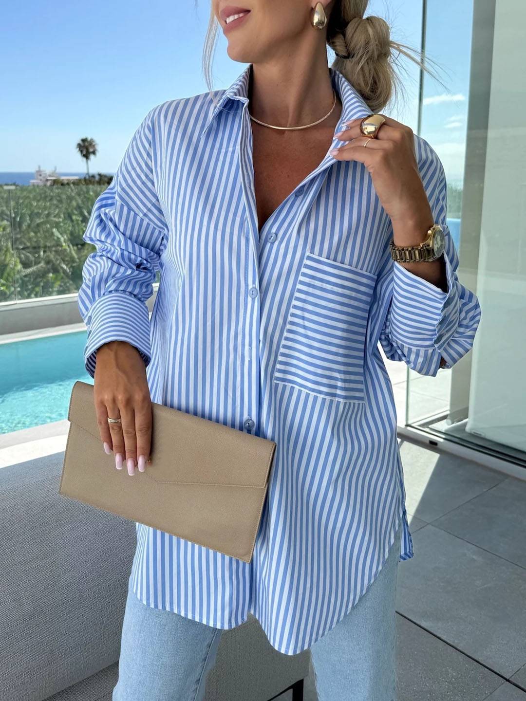 Cocolii blouse rayé boutonnage col chemise manches longues femme élégant style tailleur décontracté oversized