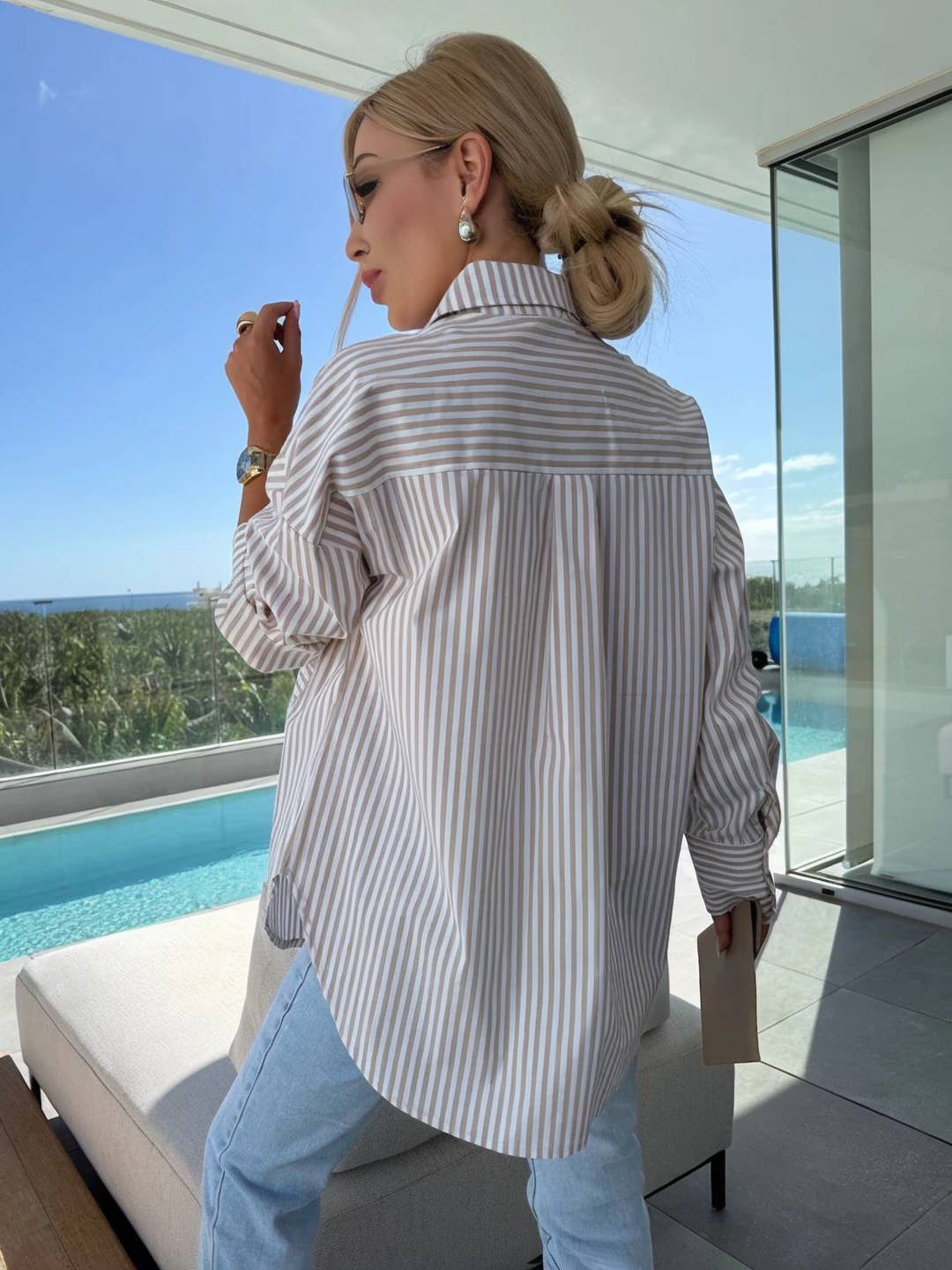 Cocolii blouse rayé boutonnage col chemise manches longues femme élégant style tailleur décontracté oversized