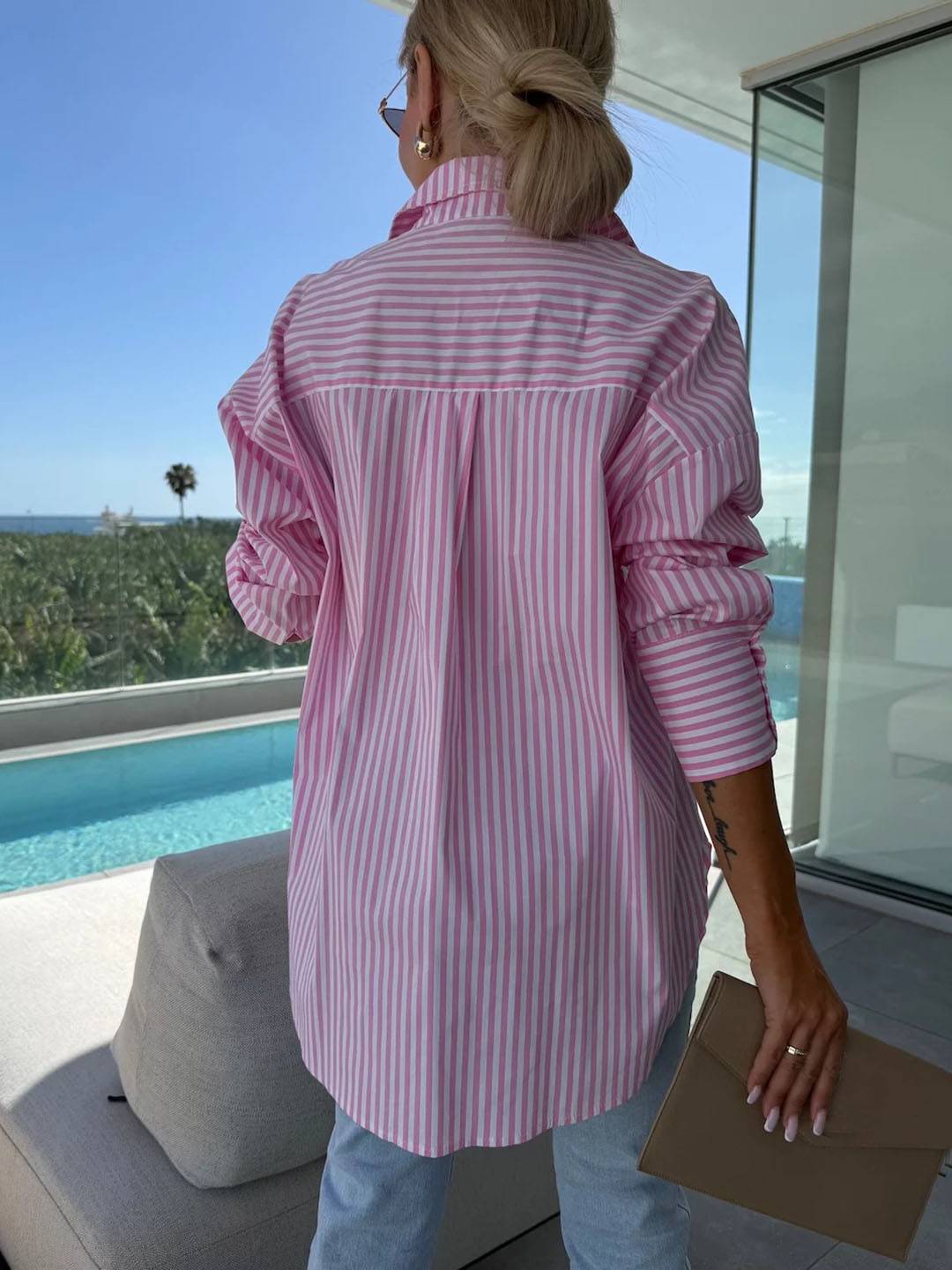 Cocolii blouse rayé boutonnage col chemise manches longues femme élégant style tailleur décontracté oversized