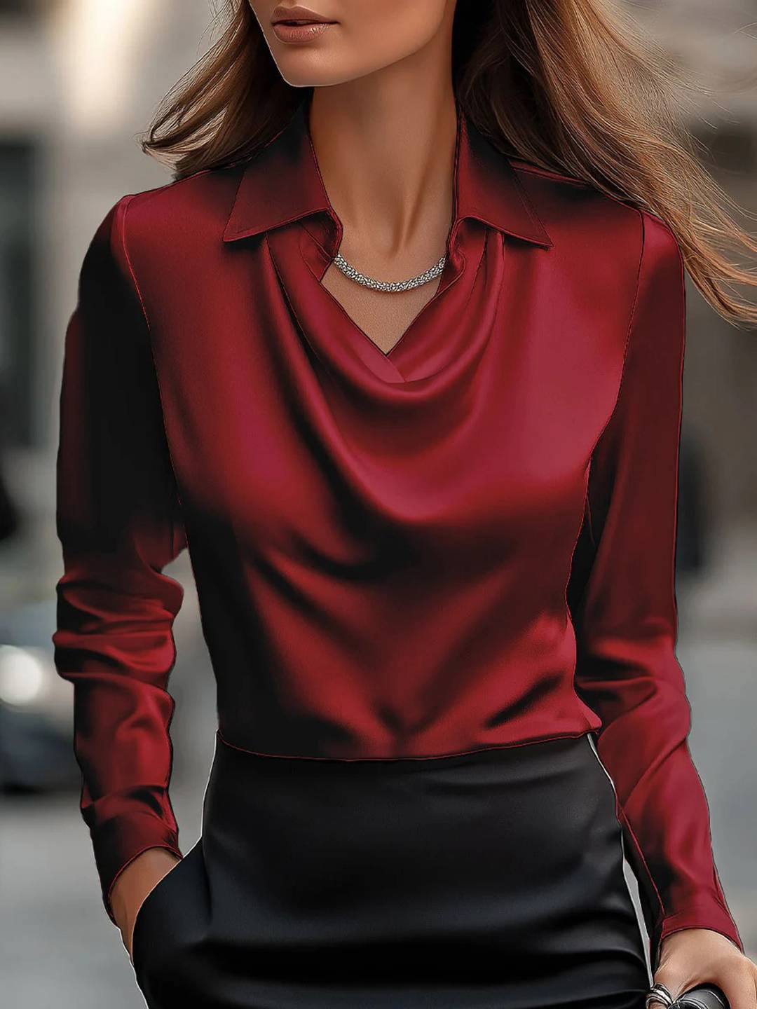 Cocolii blouse en satin unicolore v-cou col bénitier manches longues femme élégant décontracté vêtements de travail