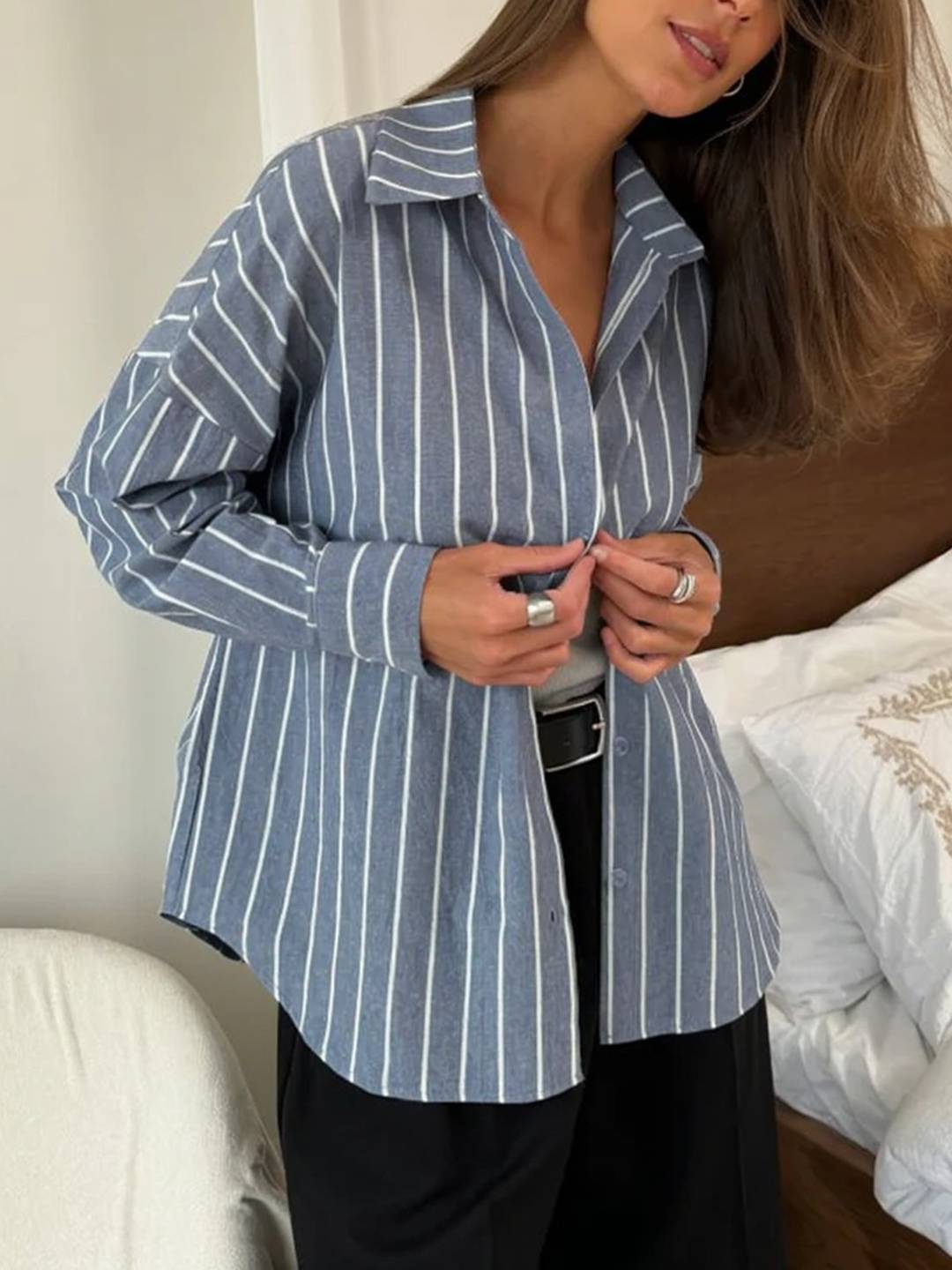 Cocolii chemise ample rayé pour femme boutonnage manches longues femme pour le bureau ou décontractée