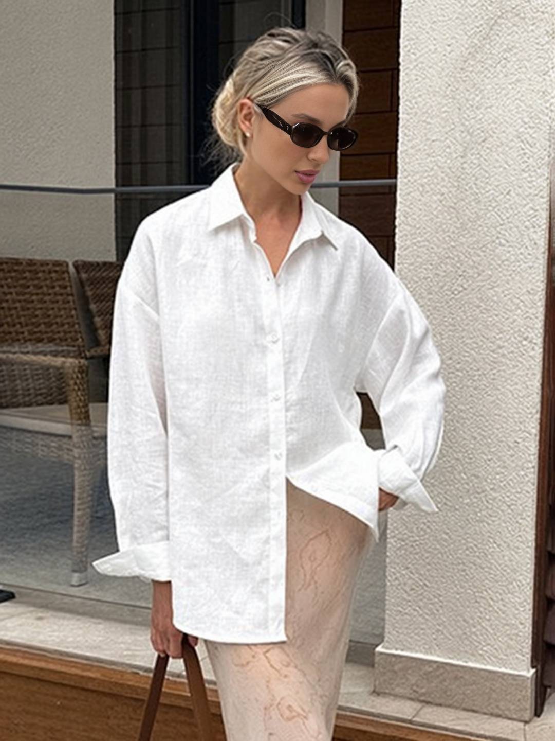 Cocolii chemise de travail boutonnage col chemise manches longues femme décontracté ample blouse