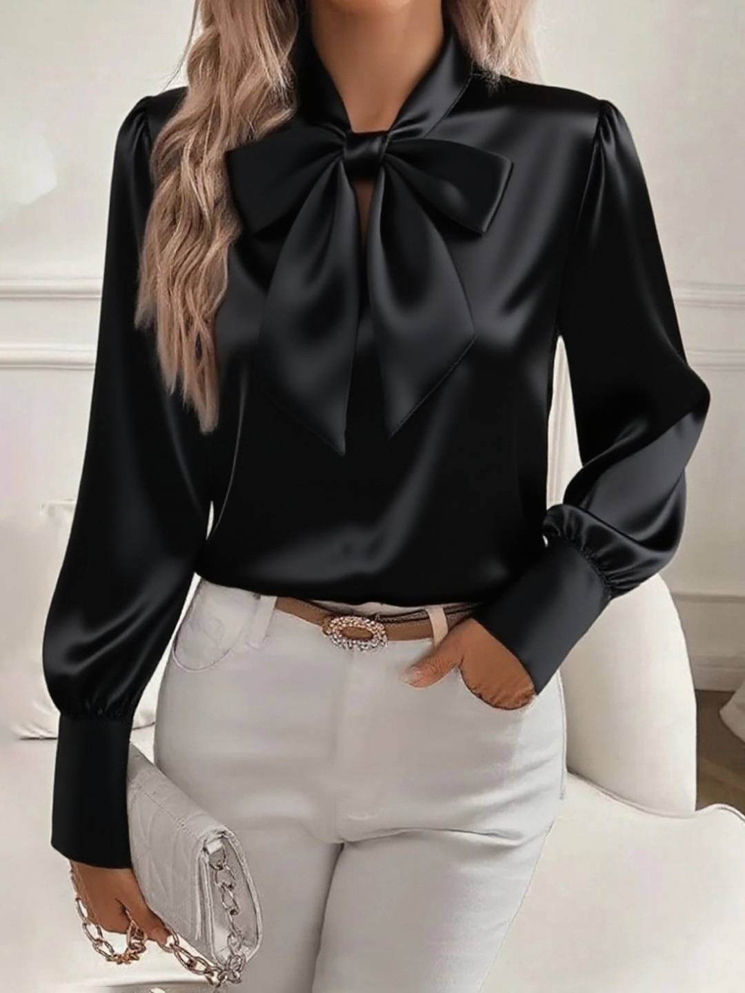 Cocolii chemisier femme en satin noeud papillon col lavallière manches bishop manches longues blouse pour bureau