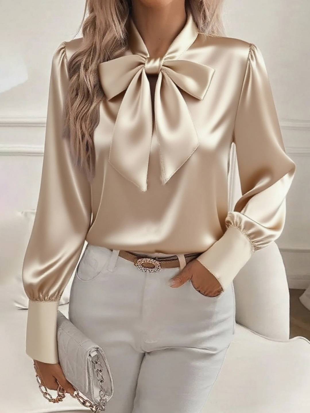 Cocolii chemisier femme en satin noeud papillon col lavallière manches bishop manches longues blouse pour bureau