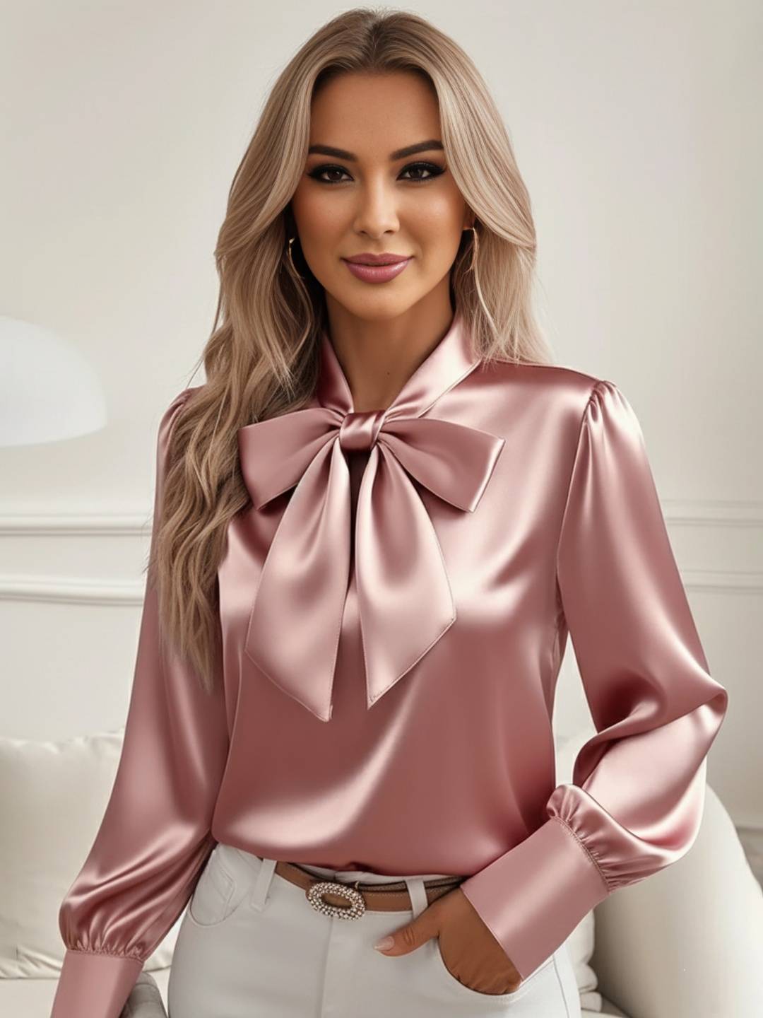 Cocolii chemisier femme en satin noeud papillon col lavallière manches bishop manches longues blouse pour bureau