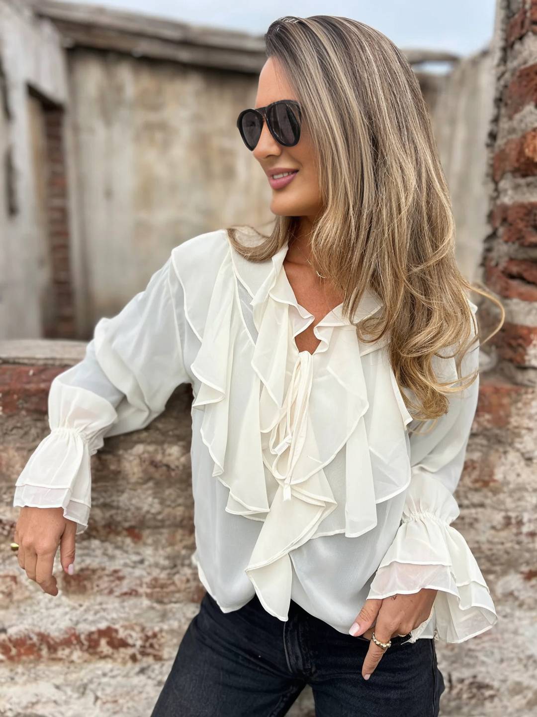 Cocolii chemisier femme mousseline à volantée v-cou col jabot manches évasées doux élégant décontracté blouse