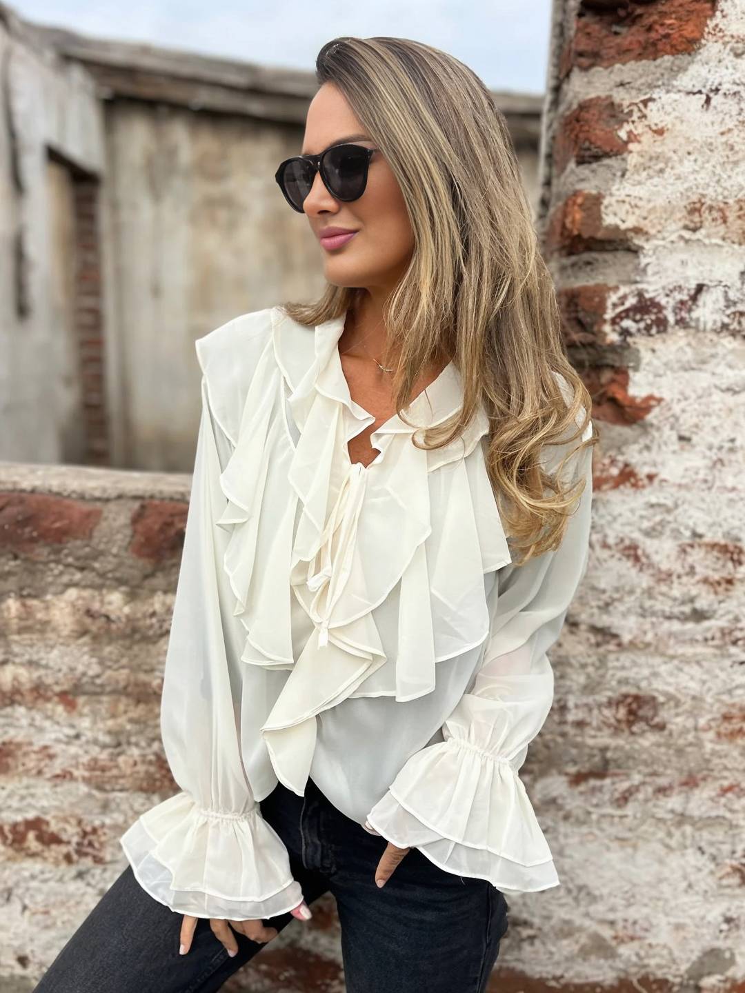 Cocolii chemisier femme mousseline à volantée v-cou col jabot manches évasées doux élégant décontracté blouse