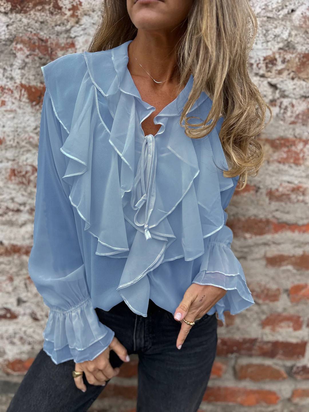 Cocolii chemisier femme mousseline à volantée v-cou col jabot manches évasées doux élégant décontracté blouse